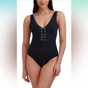 BCBGMAXAZRIA Lace Up Grommet Tummy Control Quick Dry One Piece Swimsuit NWT S